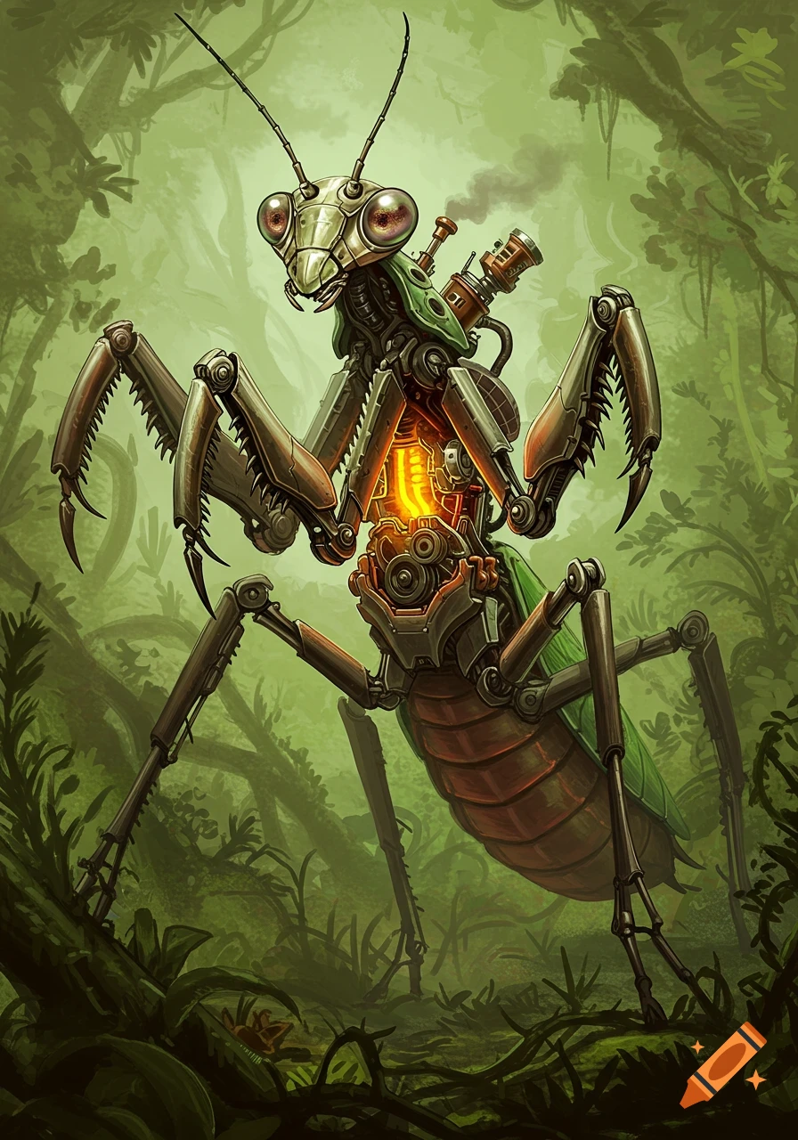 Steampunk praying mantis machine in a jungle