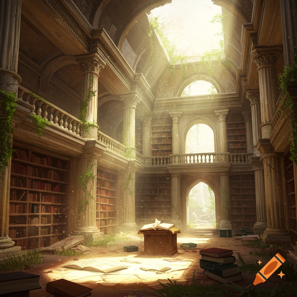 A ruined library interior bathed in sunlight, with books scattered across the floor.