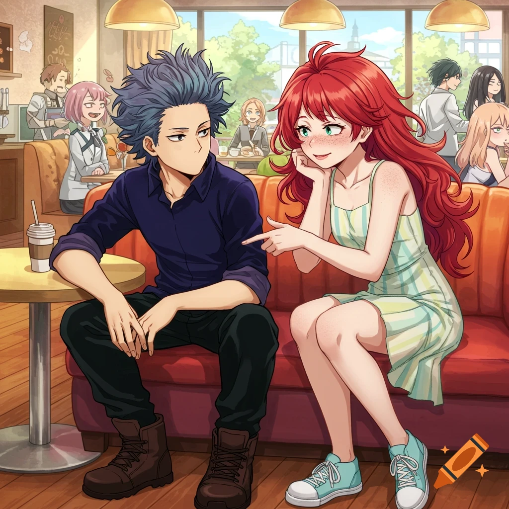 Anime characters sitting on a couch in a cafe.