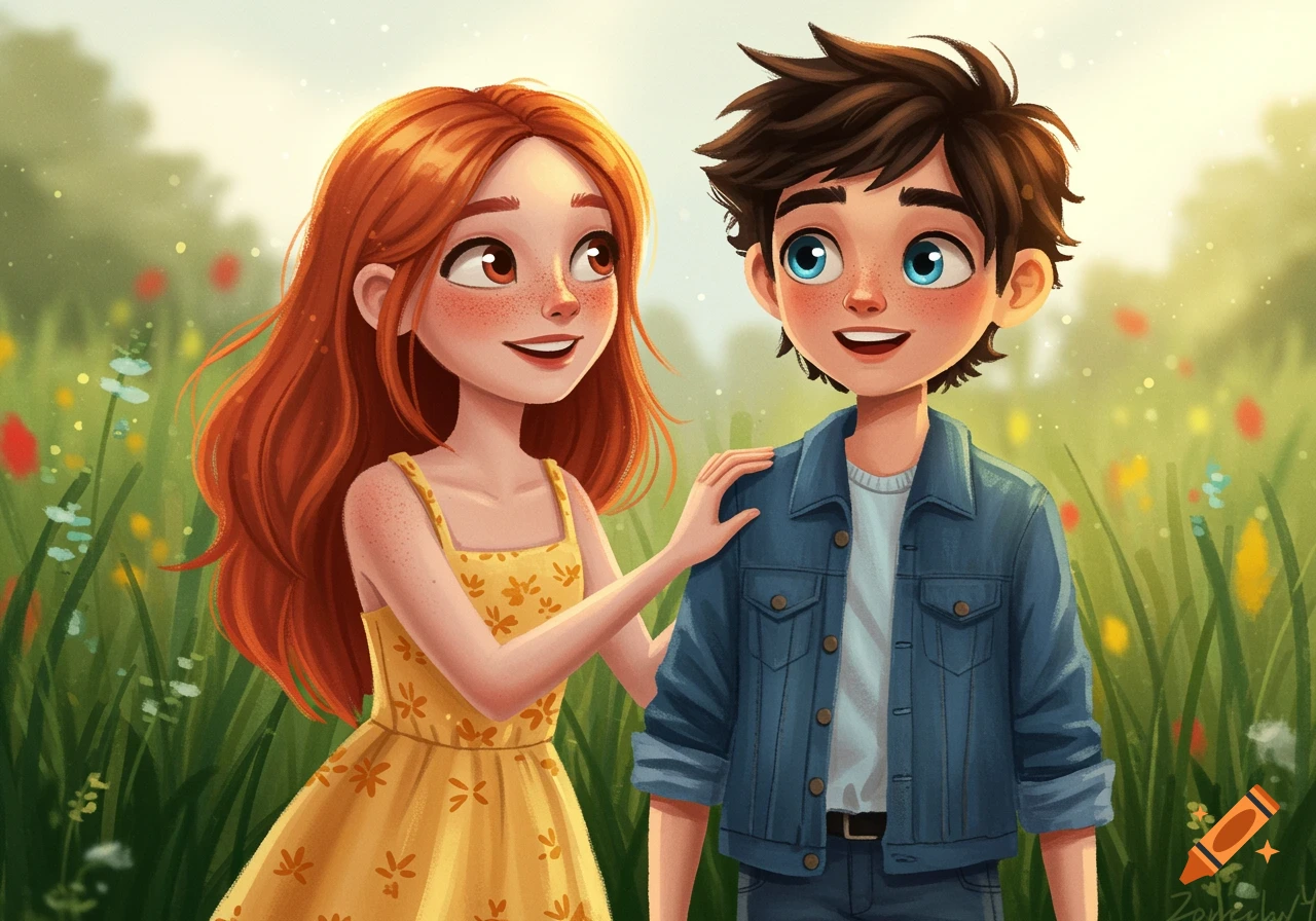 Cartoon illustration of a girl and boy standing in a field of flowers.
