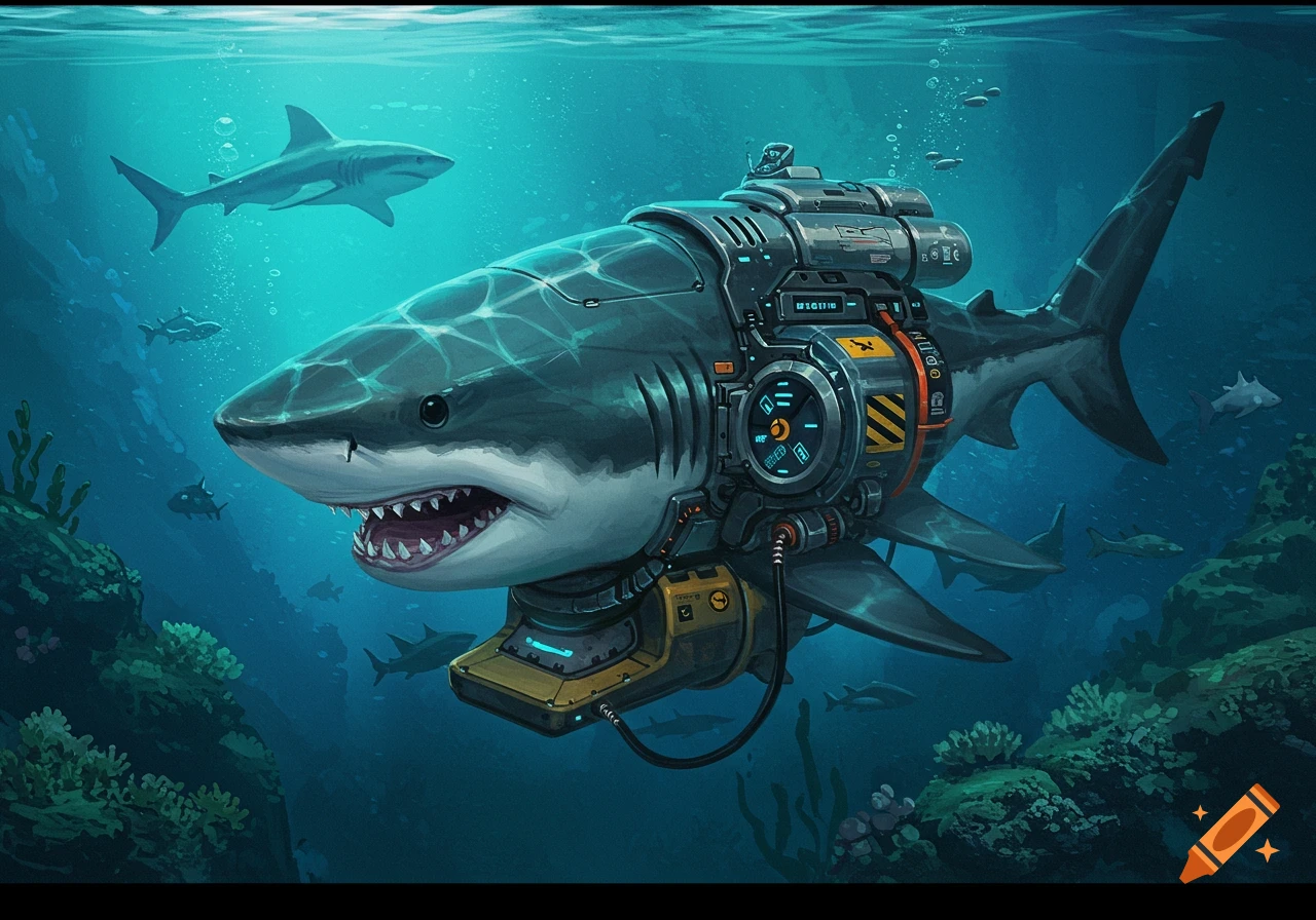 A great white shark swims underwater with a large futuristic mechanical device attached to its back. Other sharks and coral reefs are in the background.