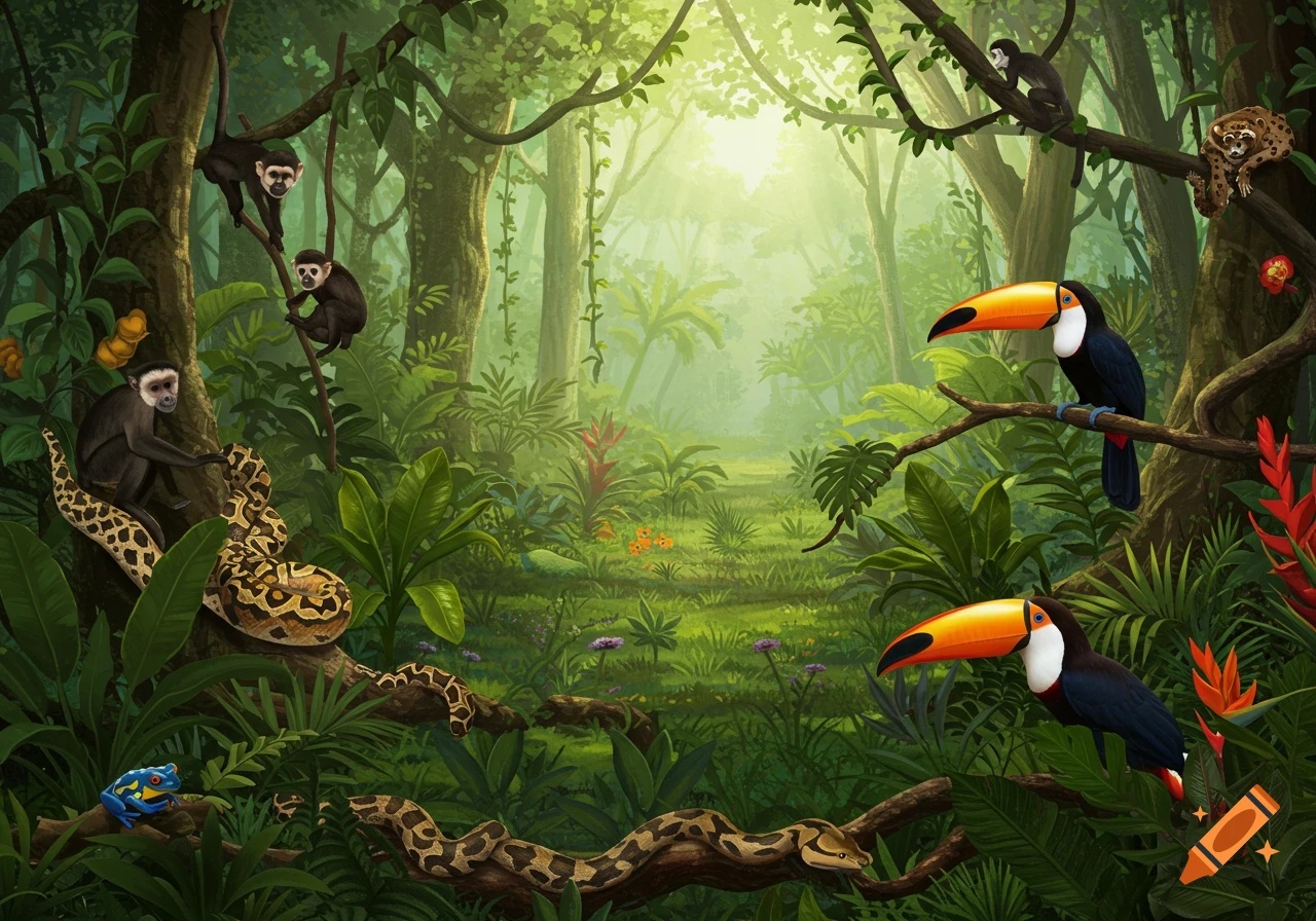 A rainforest with monkeys, toucans, a snake, and other animals.