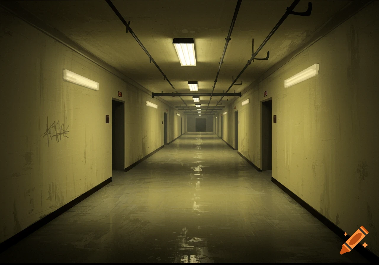 A long, empty hallway with fluorescent lights, in the style of the backrooms.
