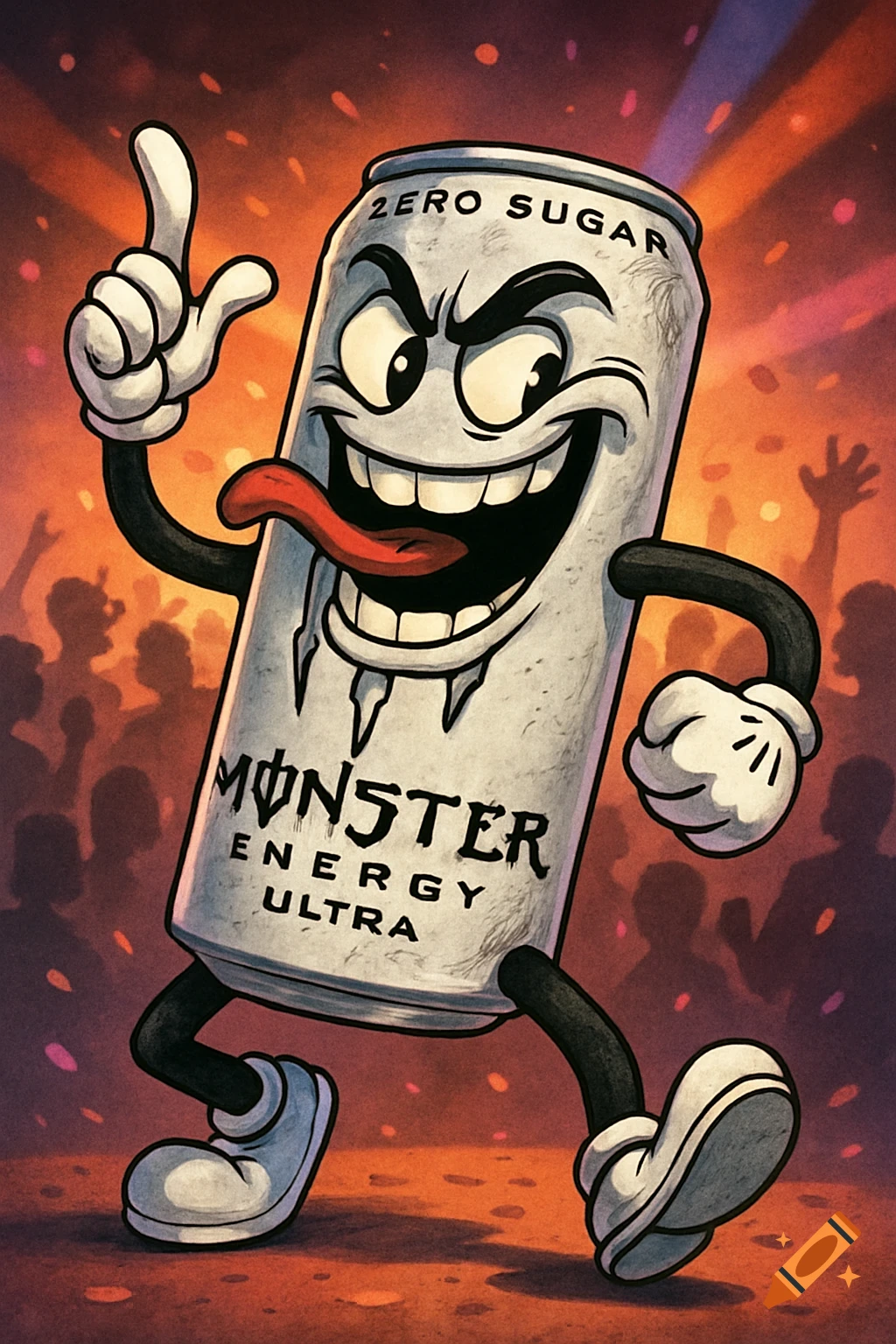 Cartoon Monster Energy can character dancing at a party with silhouetted figures.