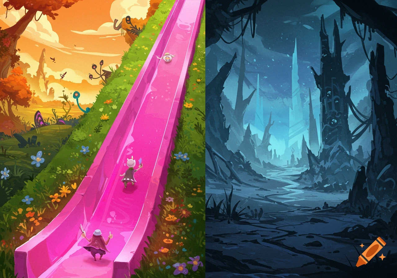 Split landscape with a pink slide connecting a bright, grassy world to a dark, mysterious world.