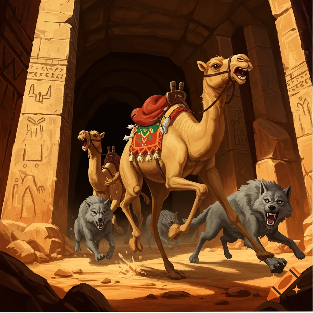 Camels run from wolves through an ancient ruin.