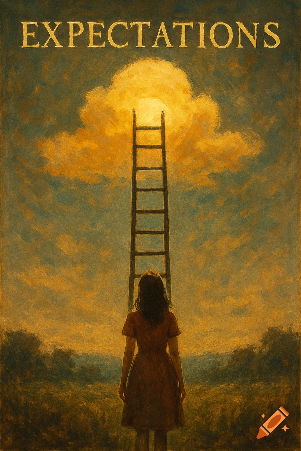 A person looks up at a ladder extending into a bright cloud in a painterly style, with the word 'EXPECTATIONS' above.