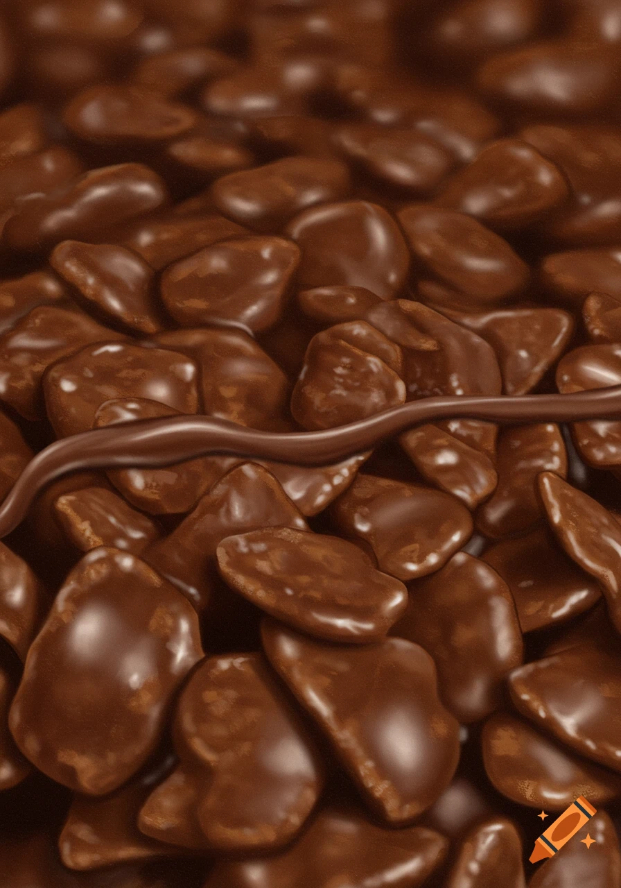 Close-up of glossy chocolate-covered cereal pieces with a chocolate drizzle.