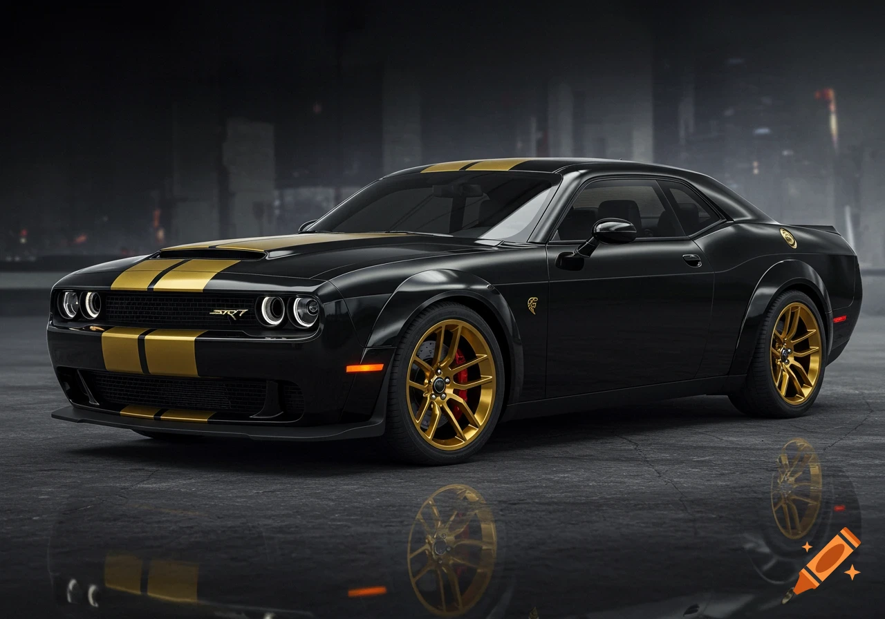 A black muscle car with gold racing stripes and gold wheels is parked on a reflective surface.
