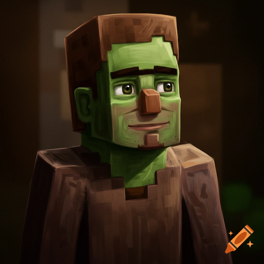 A close-up portrait of a green-skinned, blocky character with a large nose, resembling a Minecraft villager, in a realistic painted style.