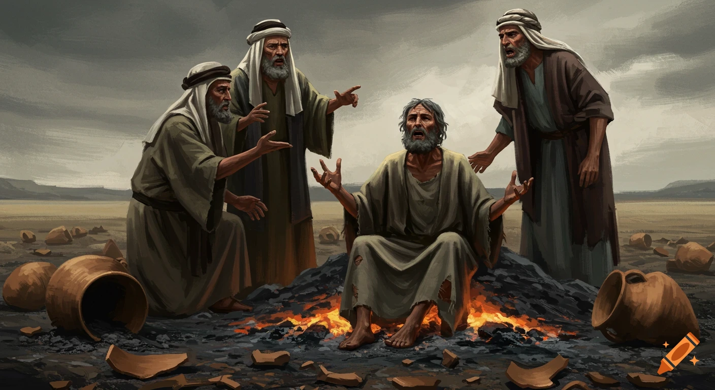 Four men in ancient robes stand in a barren landscape, one seated by a fire with broken pottery.
