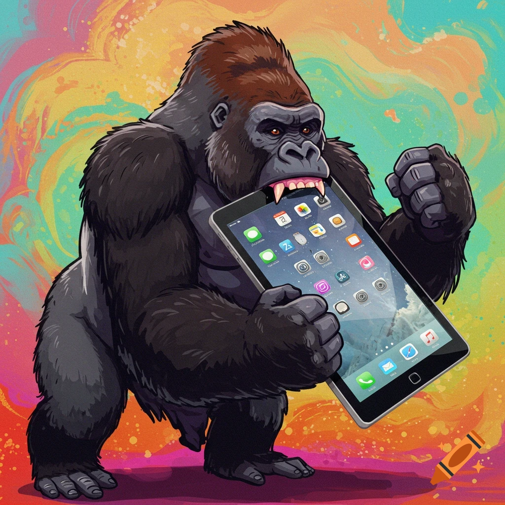 Cartoonish gorilla biting a large tablet against a colorful background.