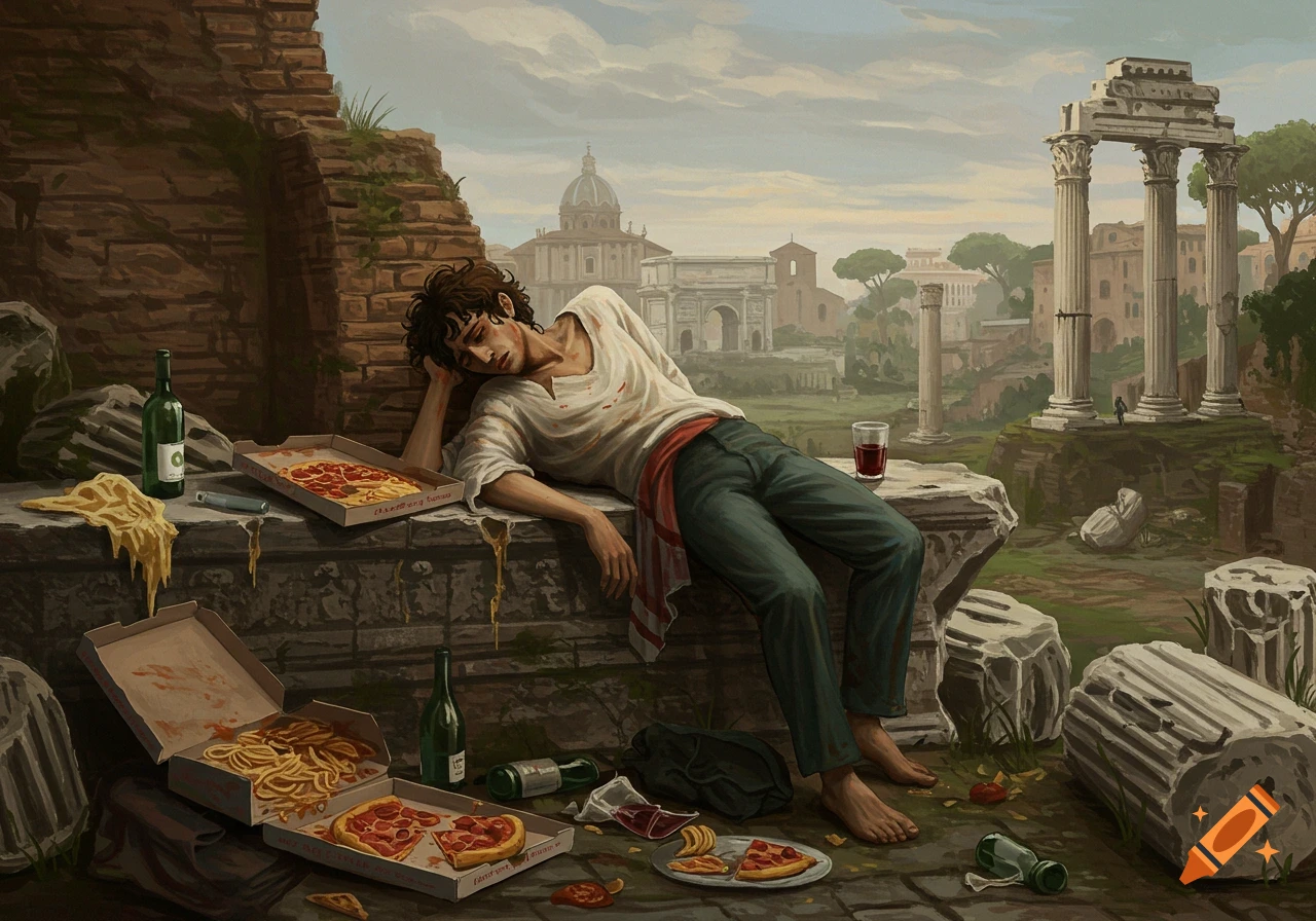 A person sleeping among pizza boxes and wine bottles in Roman ruins.