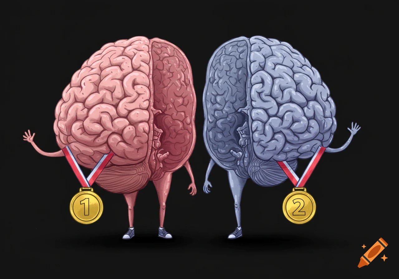 Cartoon illustration of two brains with limbs wearing sneakers and holding first and second place medals.