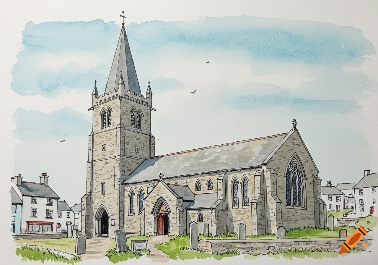 Watercolor painting of a stone church with a tall spire, gravestones, trees, and buildings under a cloudy sky.