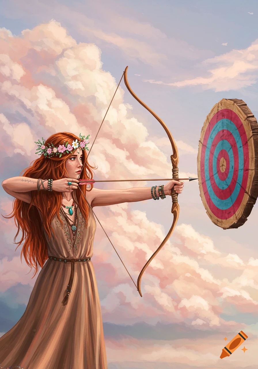 A woman with red hair in a boho dress, aiming a bow and arrow at a target against a cloudy sky.