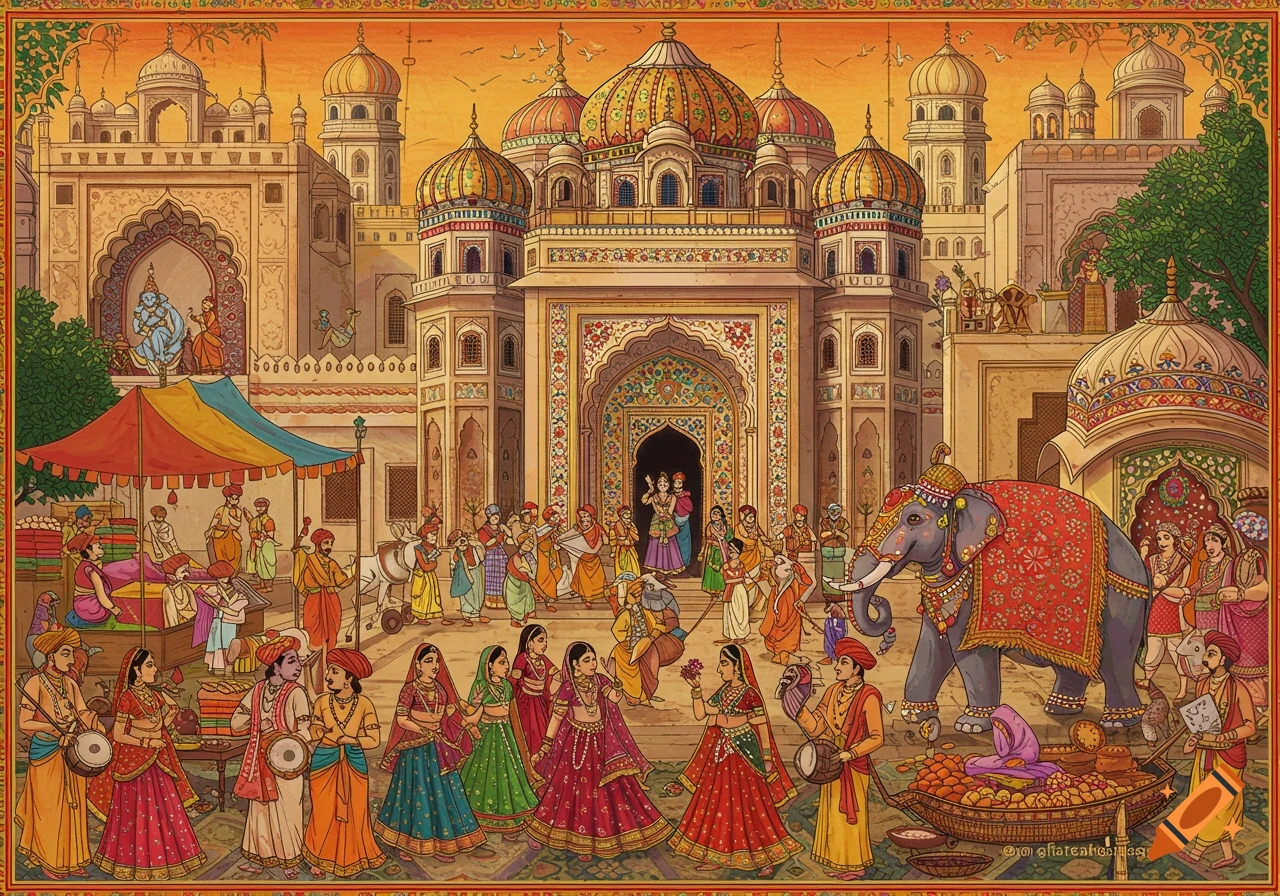 Elaborate Indian miniature painting of a lively street scene outside a palace with people and an elephant.