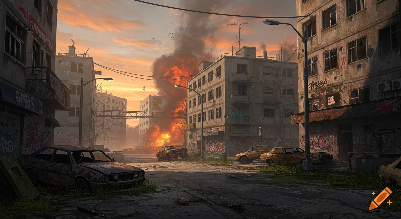 A ruined city street at sunset with destroyed cars and a burning building.