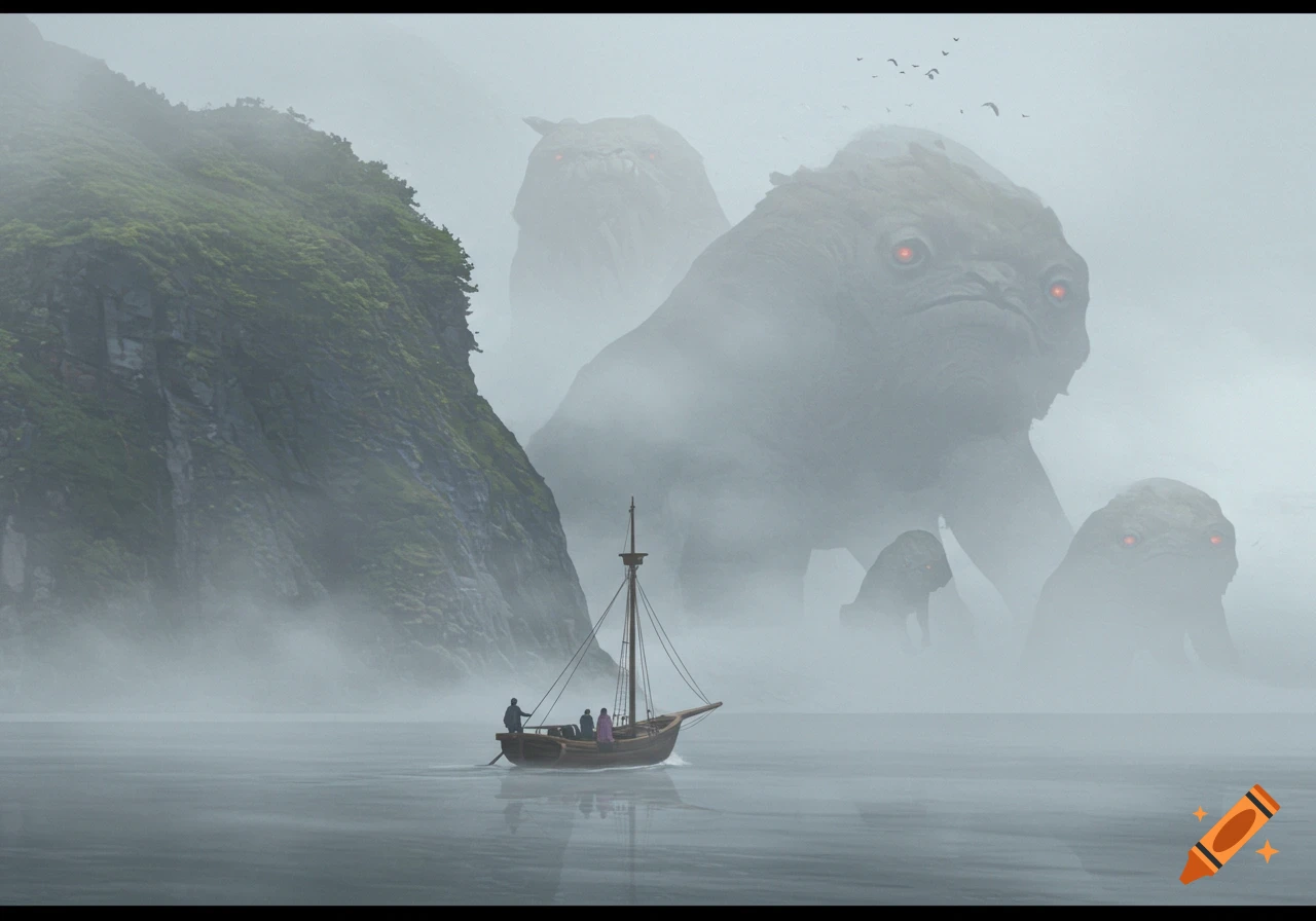 A small boat on foggy water approaches island mountains while giant creatures emerge from the mist.