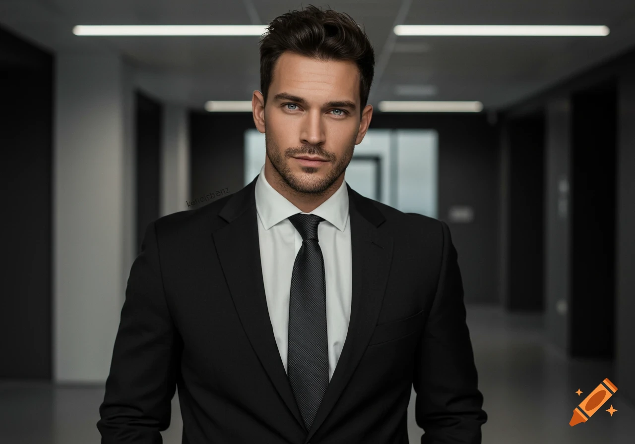 A man in a black suit and tie stands in an office hallway looking at the camera.