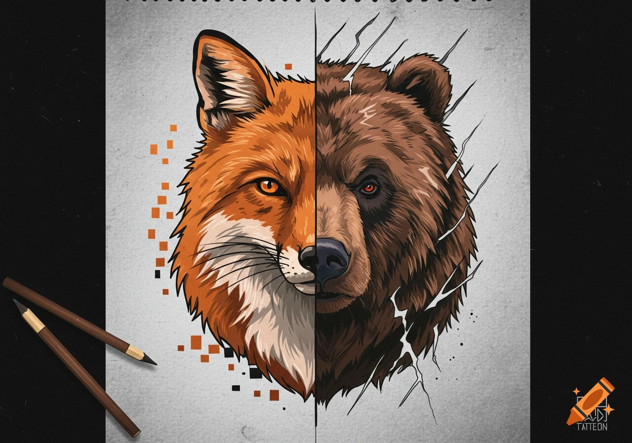 Split illustration of a fox and a bear on paper with pencils.
