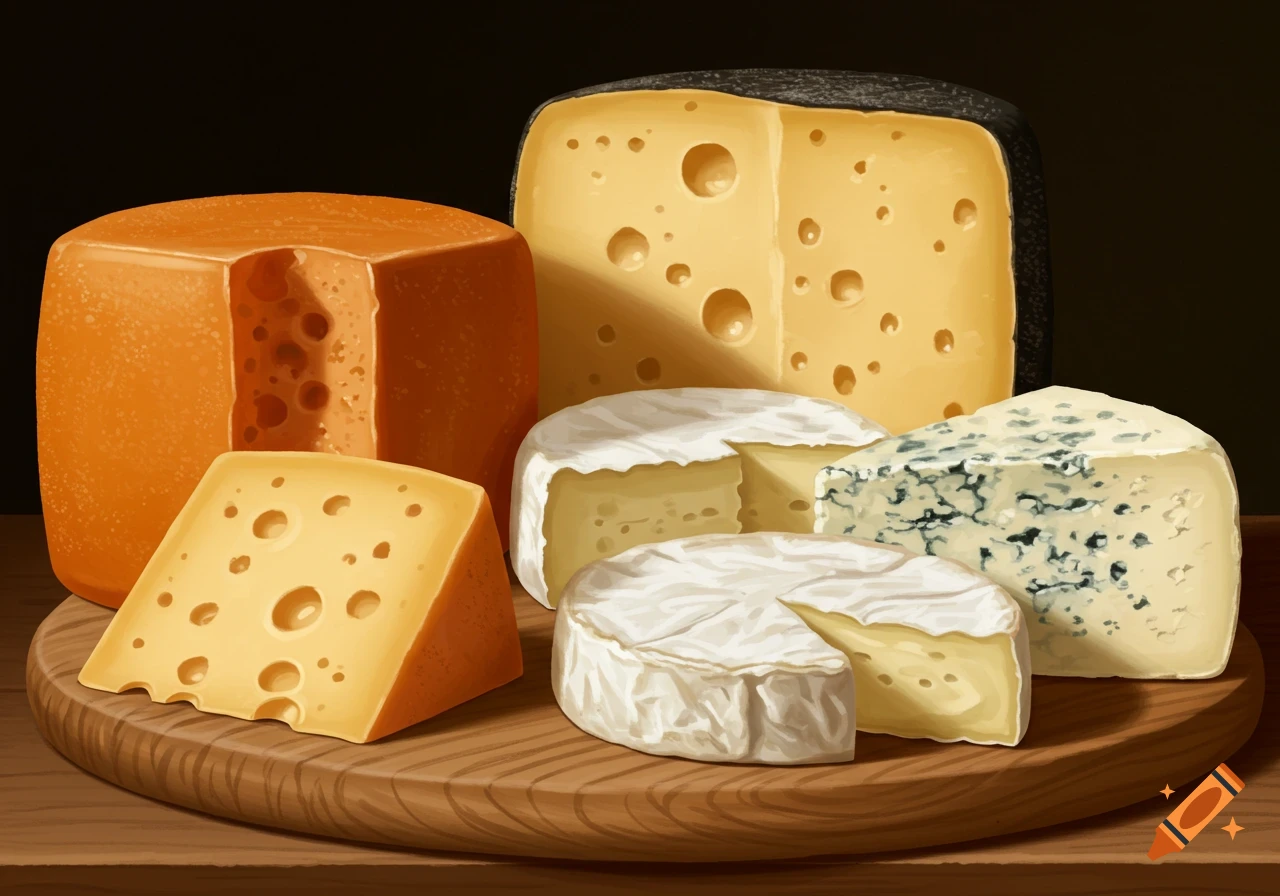 A variety of cheeses on a wooden board, illustrated in a still life style.