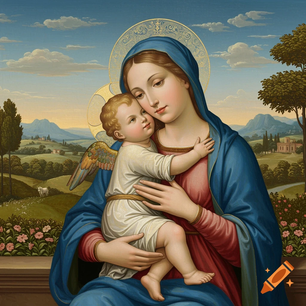 Renaissance painting of Mary holding baby Jesus in a landscape