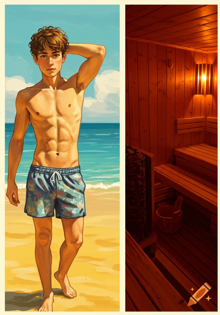 A young man in swim shorts on a beach and an interior view of a sauna.
