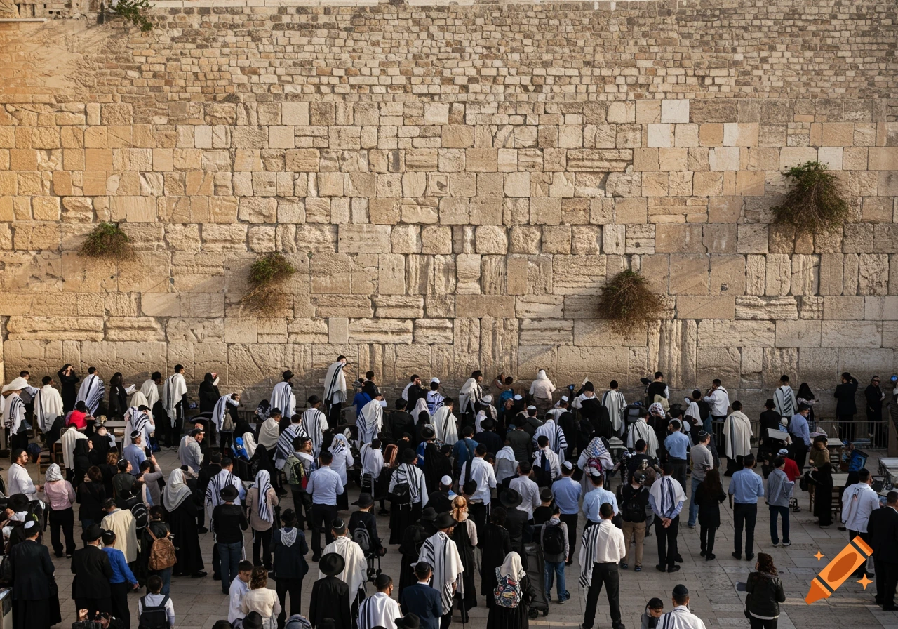 Large crowd of people praying at the Western Wall in Jerusalem