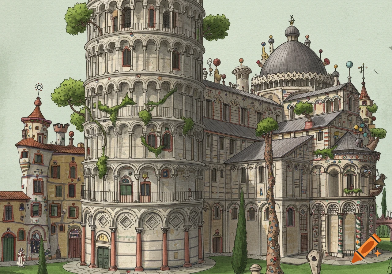 Stylized illustration of the Leaning Tower of Pisa and buildings in the style of Hundertwasser.