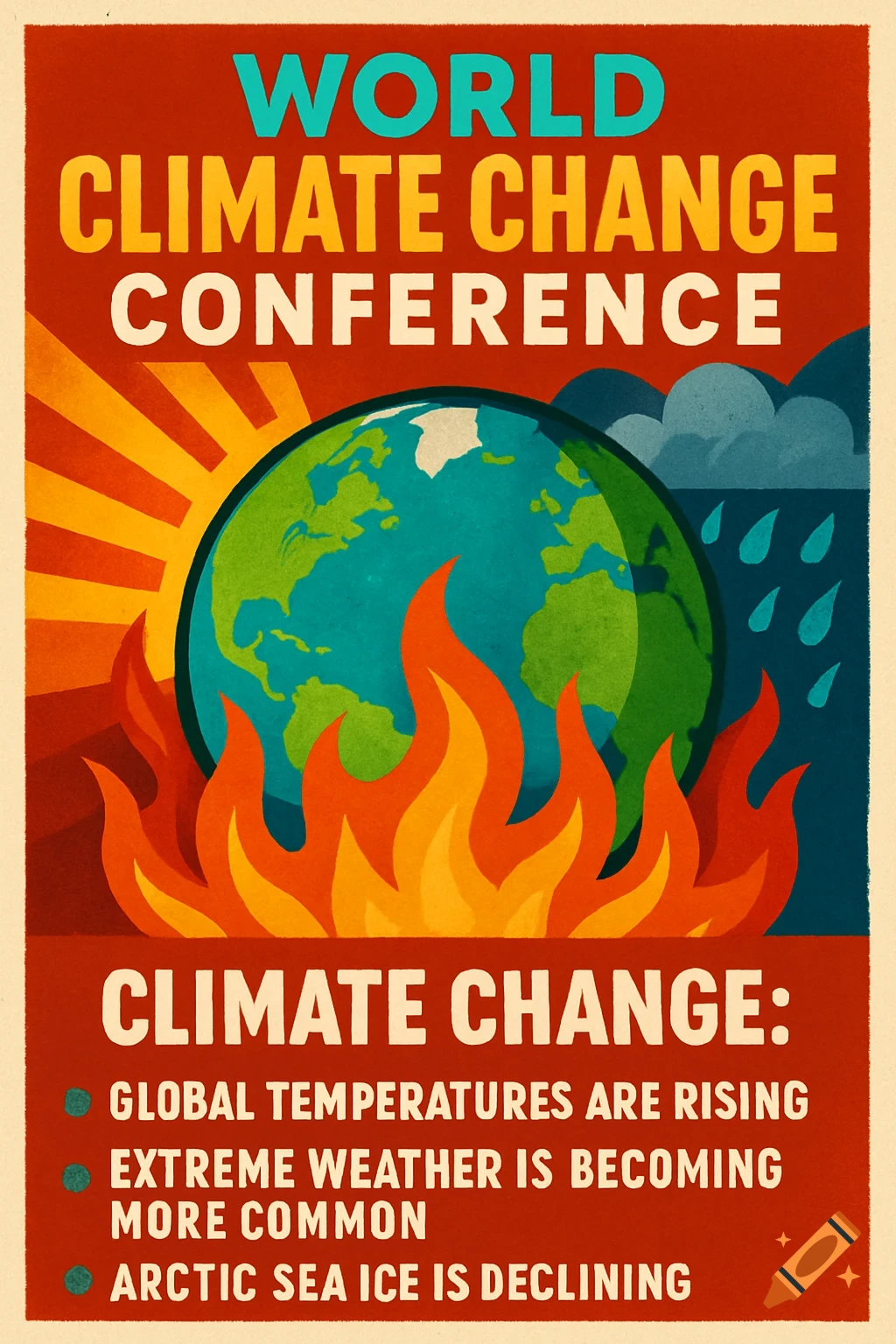 Poster about climate change with Earth in flames and rain, text about global warming facts.