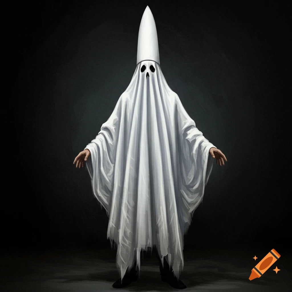 A person in a white sheet ghost costume with a pointy hat and skull face.
