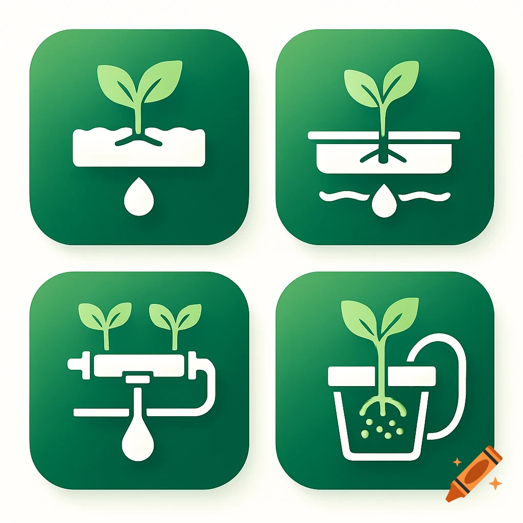 Four simple app icons showing plant seedlings in various hydroponic or gardening setups.