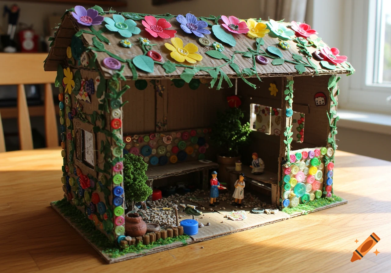 A handmade miniature structure, possibly a bus shelter or house, made from cardboard and decorated with colorful buttons, paper flowers, and small figurines, sitting on a wooden table.