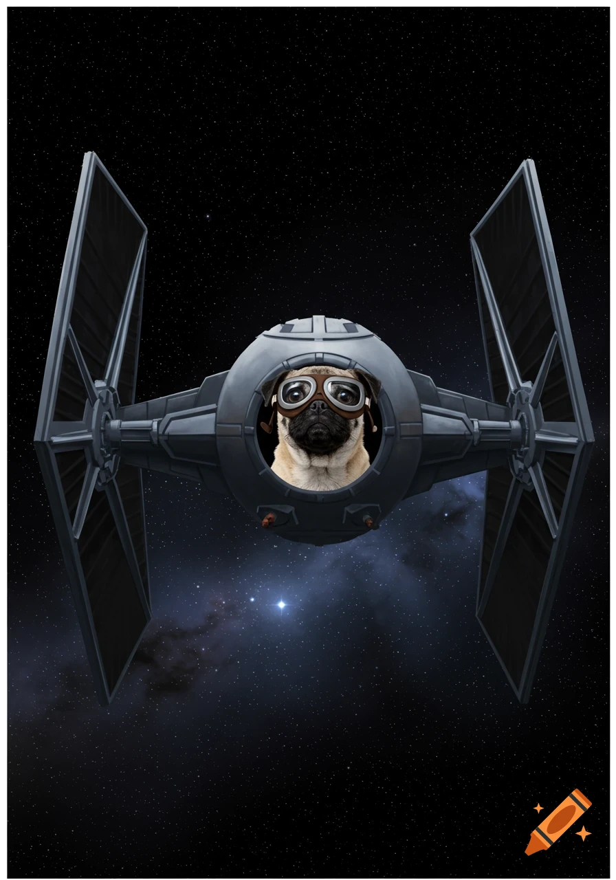 A pug dog wearing goggles sits in the cockpit of a Star Wars TIE fighter flying through space.