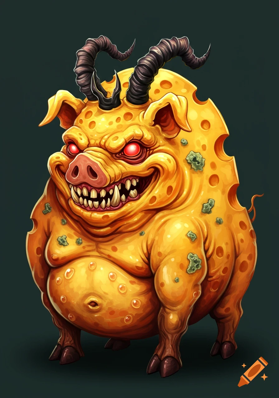 A monstrous cheese pig with red eyes and horns.