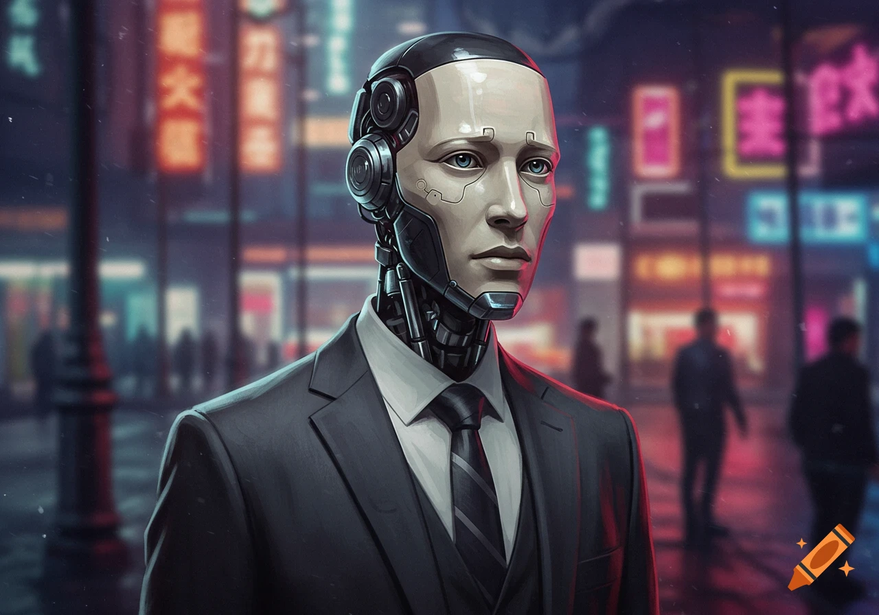 A humanoid robot in a suit stands on a neon-lit city street.