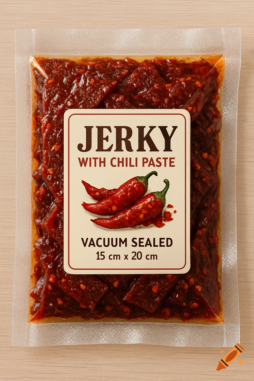 Vacuum sealed bag of jerky with chili paste and a label