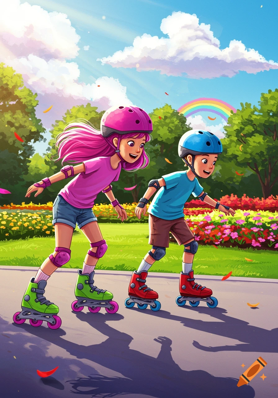 Two kids roller skating in a sunny park with flowers and a rainbow in an illustration.