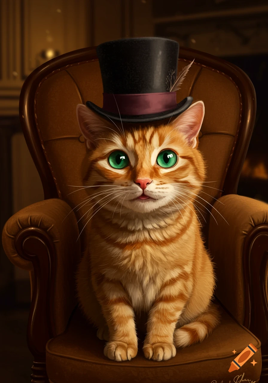 An orange cat wearing a top hat, sitting in an armchair.
