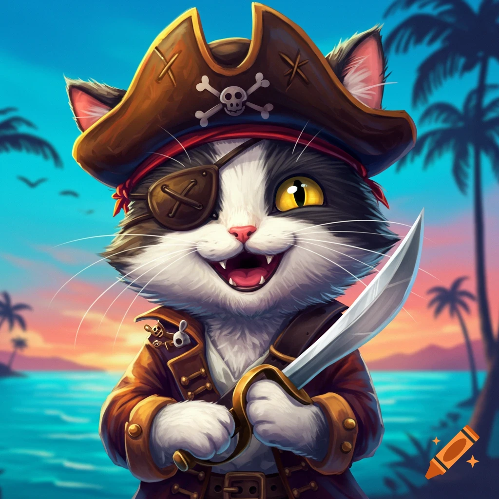 A cartoon pirate cat holds a saber on a tropical beach.