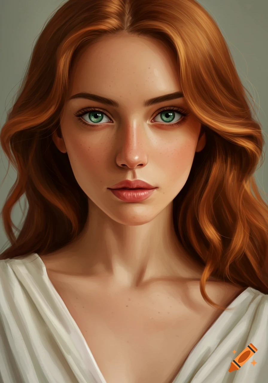 A close-up digital painting of a woman with red hair and green eyes.