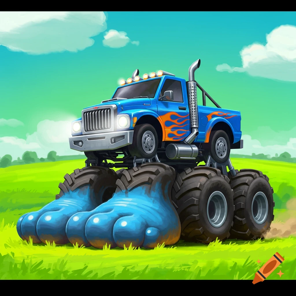 A blue monster truck with giant blue feet for front wheels is driving in a grassy field.