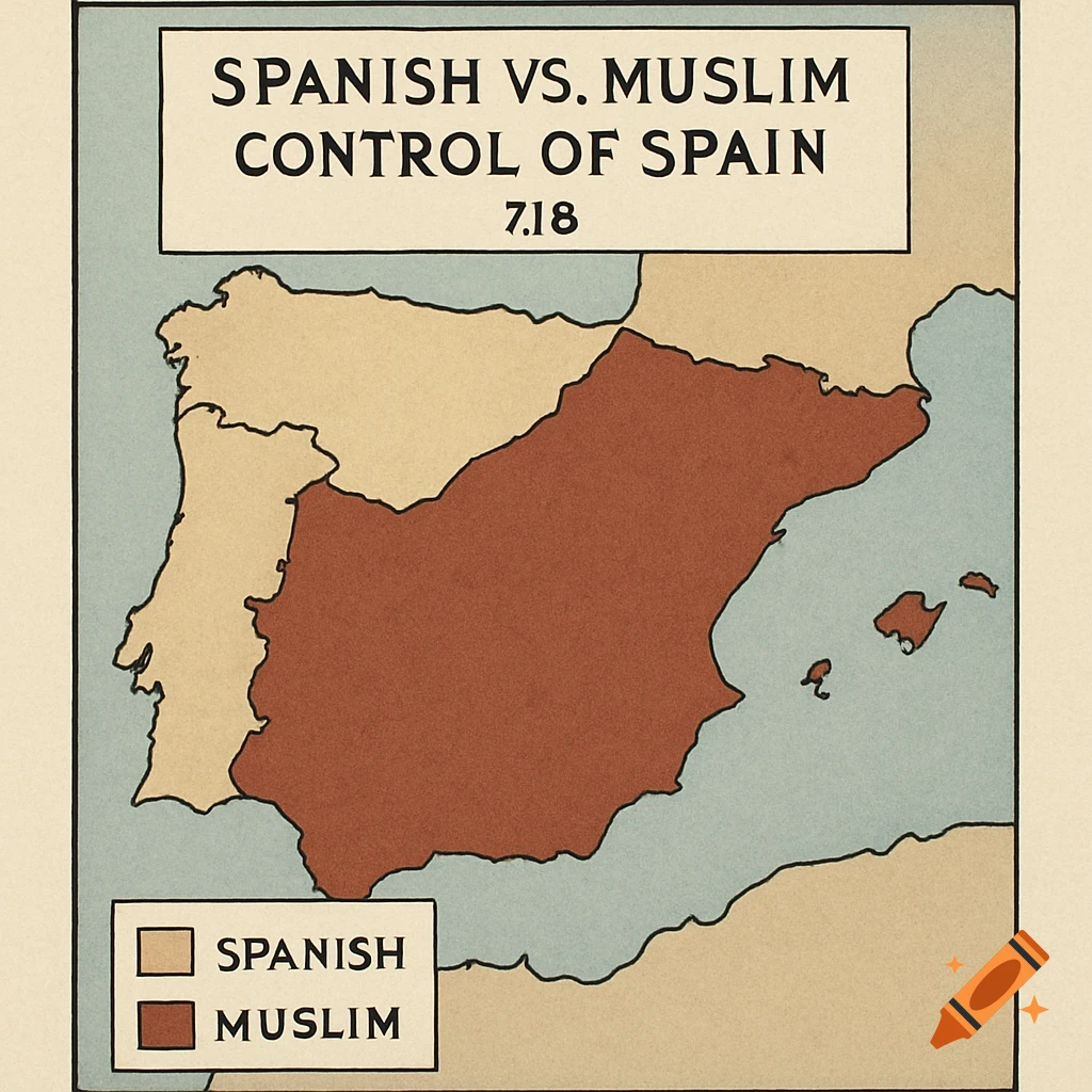 A map of Spain showing areas of Spanish and Muslim control in 718, with a legend.