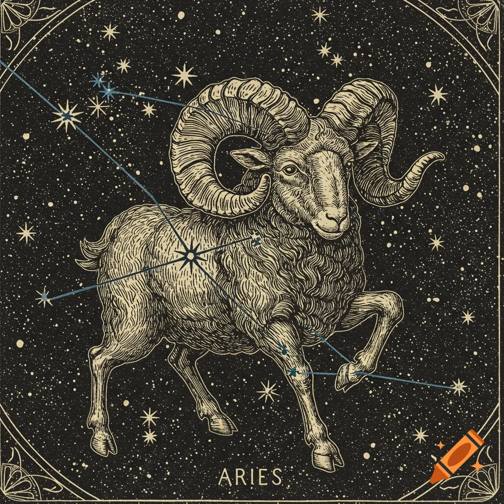 A woodblock engraving style illustration of a ram and the Aries constellation against a starry sky, with the word ARIES below.