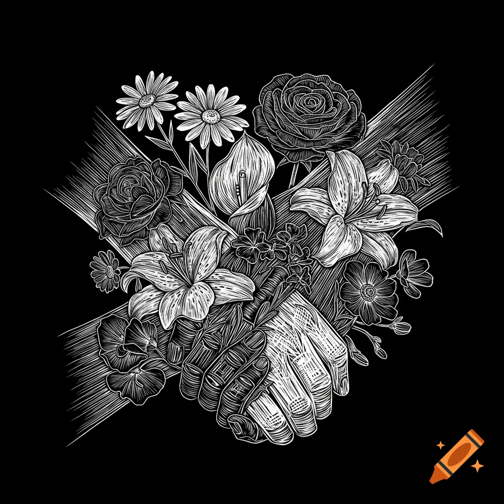 Black and white woodcut illustration of clasped hands holding a bouquet of flowers.