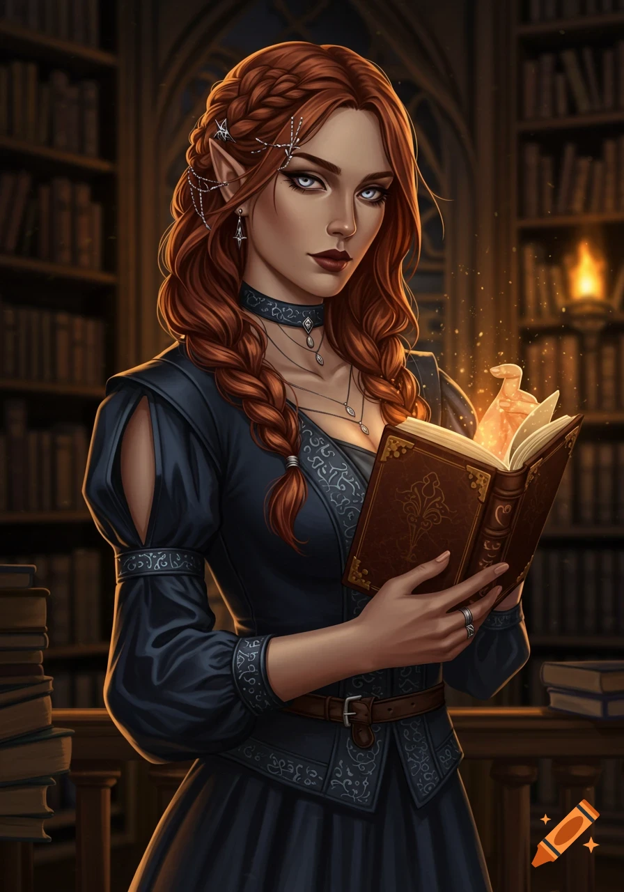 A red-haired elf woman holds a glowing book in a library.