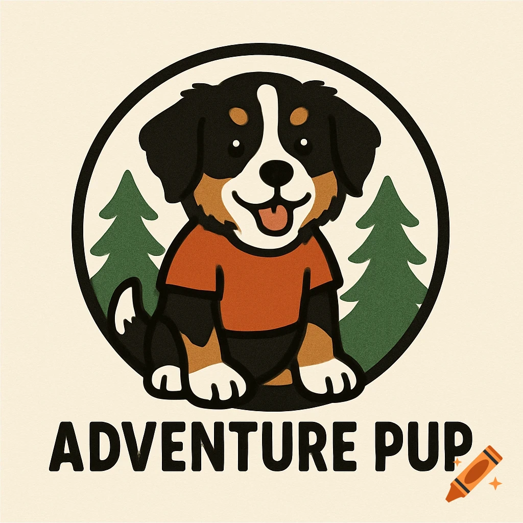 Cartoon logo of a Bernese Mountain Dog puppy with pine trees in a circle above the text ADVENTURE PUP.