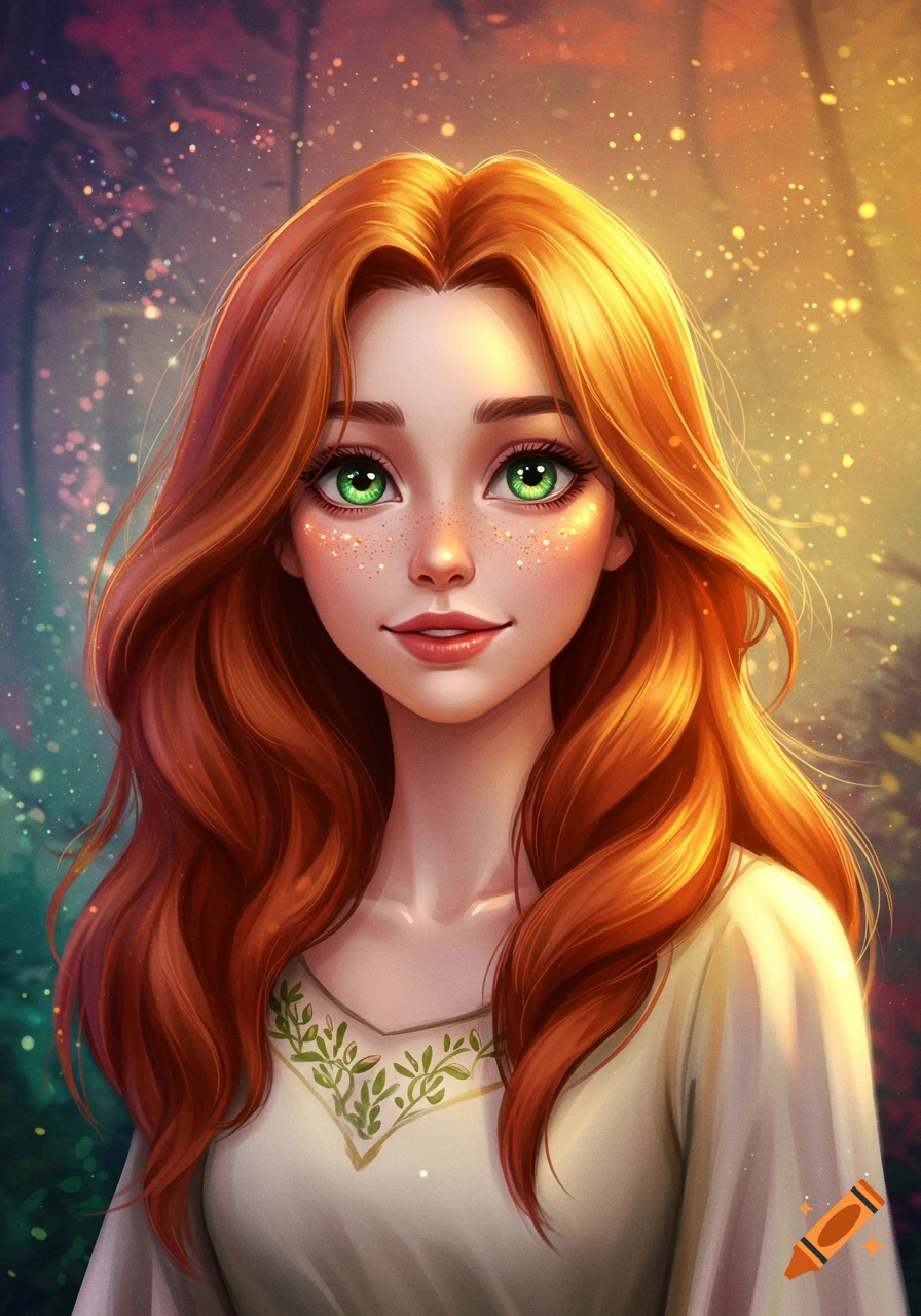 Stylized portrait of a young woman with long red hair and green eyes in a forest setting