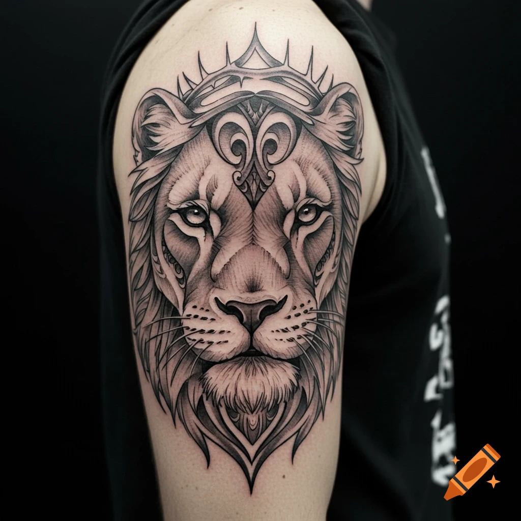 Black and white tribal style lioness face tattoo on an arm
